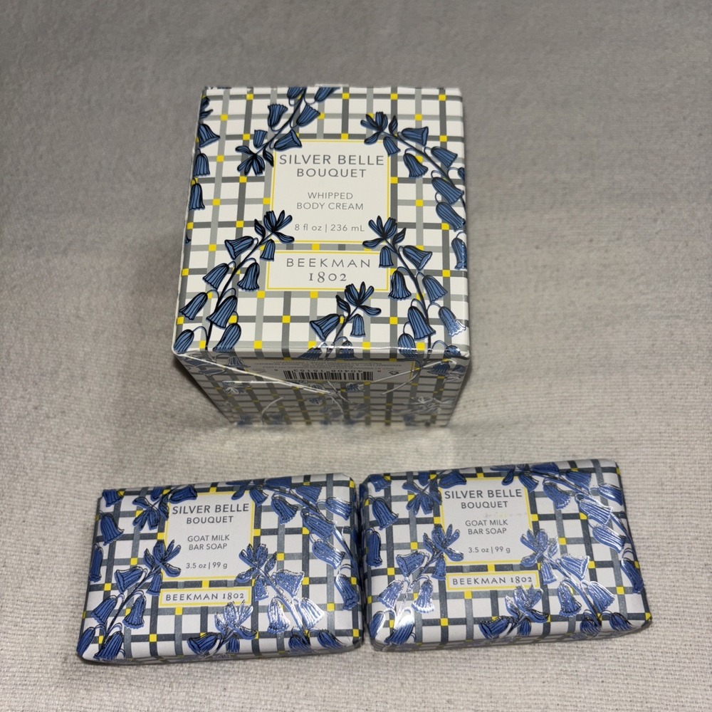 Beekman 1802 Goat‎ Milk Silver Belle Bouquet Bell 3.5 oz Bar Soap/Body Cream 3pc